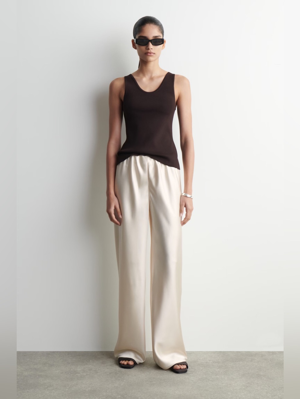 COS Satin Wide-Leg Pants, Elasticated Waistband, Olive-Brown Tone US M - Picture 9 of 12